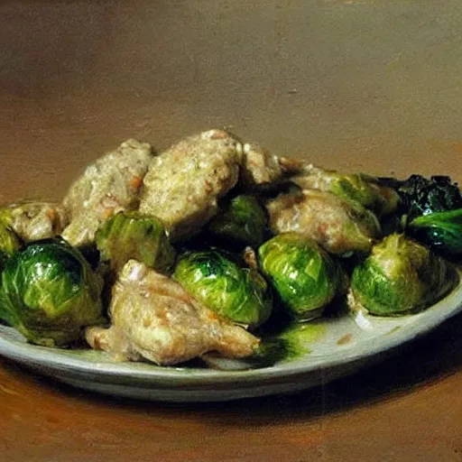 Prompt: a painting of chicken wings, rice and brussel sprouts by repin.