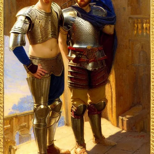 Image similar to attractive fully clothed arthur pendragon confesses his love for his attractive fully clothed male knight. highly detailed painting by gaston bussiere and j. c. leyendecker 8 k