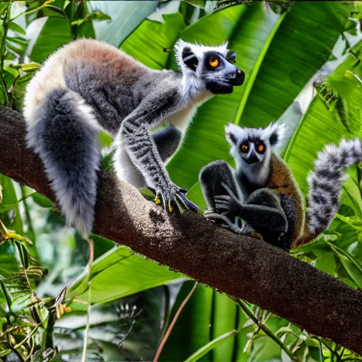 Prompt: lemurs and geckos in madagascar rainforest