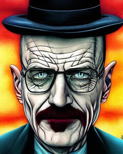 Prompt: portrait of walter white as the joker, illustration, art by neil gaiman and peter elson