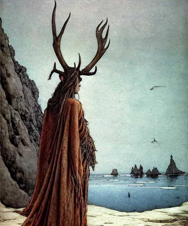 Image similar to A detailed horned antelopewoman stands by the sea. Wearing a ripped mantle, robe, many rings. Hooves, extremely high details, realistic, fantasy art, solo, masterpiece, art by Zdzisław Beksiński, Arthur Rackham, Dariusz Zawadzki