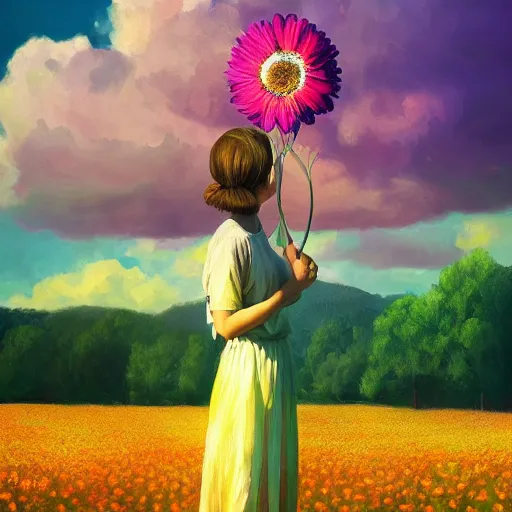 Image similar to giant daisy flower head, portrait of girl in flower field, holding daisy, surreal photography, sunrise, impressionist painting, colorful clouds, digital painting, artstation, simon stalenhag, flower face