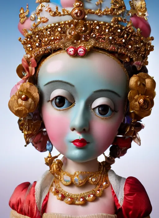 Prompt: closeup profile portrait of tin toy marie antoinette wearing a crown, bikini, depth of field, zeiss lens, detailed, symmetrical, centered, fashion photoshoot, by nicoletta ceccoli, mark ryden, lostfish, breathtaking, 8 k resolution, extremely detailed, beautiful, establishing shot, artistic, hyperrealistic, octane render