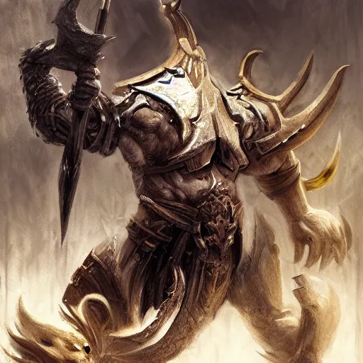 Prompt: Giant minotaur humanoid beast warrior with two handed axe, concept art, heavy white and golden armor, giant horns, full body, muscular, dungeons and dragons, hyperrealism, high details, digital painting, dark fantasy,