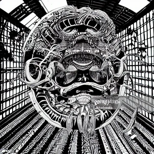 Prompt: scientists studying quetzalcoatl locked in a cage in a warehouse, 1 9 8 0's scifi, black and white, 8 k, highly ornate intricate details, extreme detail, punk xerox, lofi