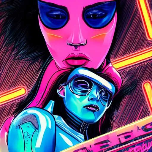 Image similar to synthwave cyberpunk girl detailed cybernetic face teardrops wearing latex biker catsuit holding a sitting on a stack of speakers in the back of a blue 1967 chevy camero, pink blue and red in a neon city in the style of a comic book sunset city