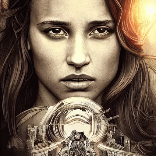 Image similar to alicia vikander. faces the sun. watches sunset. perfect anatomy. meticulous detail. black and white, highly detailed, smooth, sharp focus, chiaroscuro, manga illustration, artgerm, greg rutkowski, alphonse mucha, young adult light novel cover art