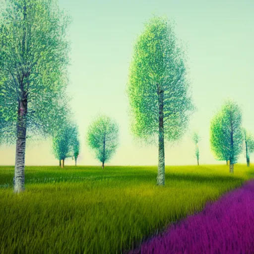 Image similar to Colorful fluffy trees in a field, octane render, volumetric lighting, 4K