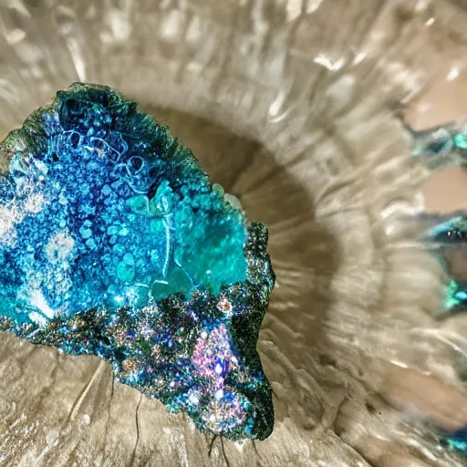 Prompt: a dinosaur skeleton on a iridescent crystal cracked geode