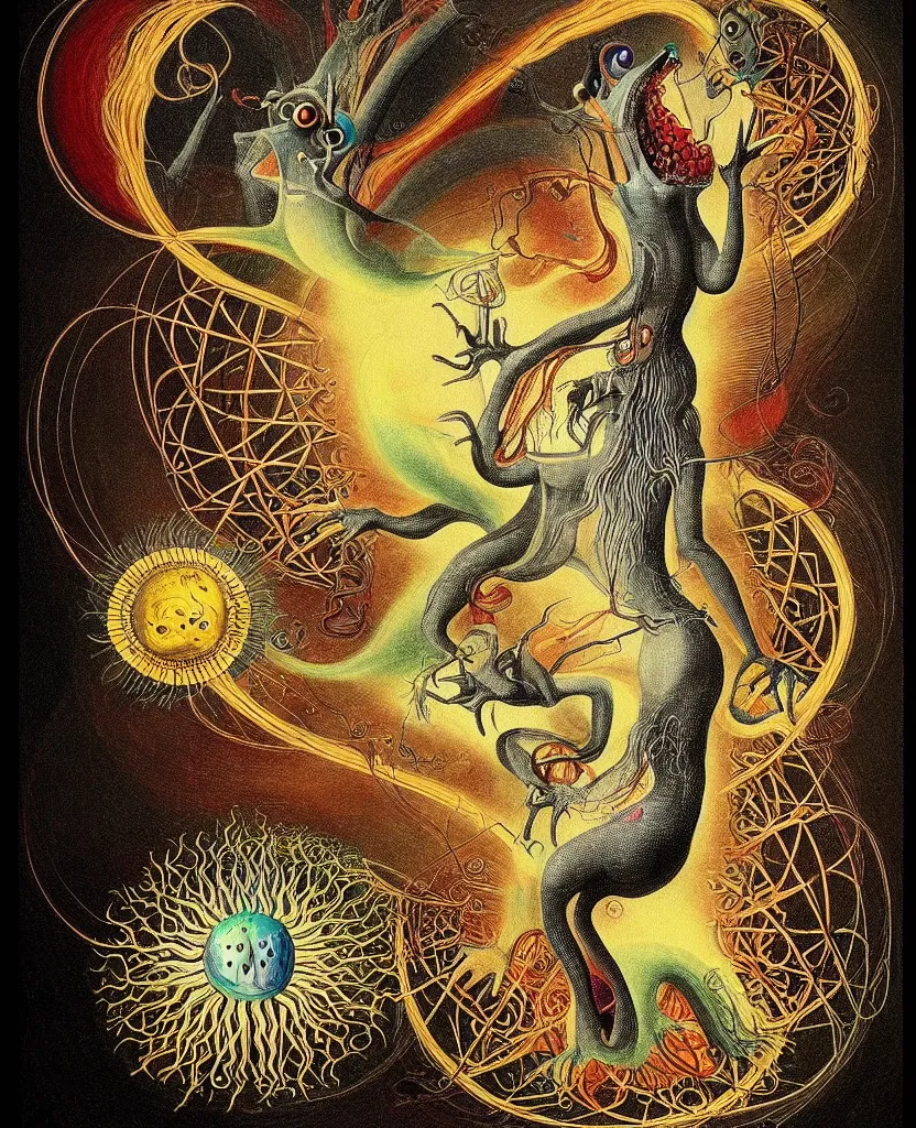 Image similar to whimsical freaky creature sings a unique canto about'as above so below'being ignited by the spirit of haeckel and robert fludd, breakthrough is iminent, glory be to the magic within, painted by ronny khalil