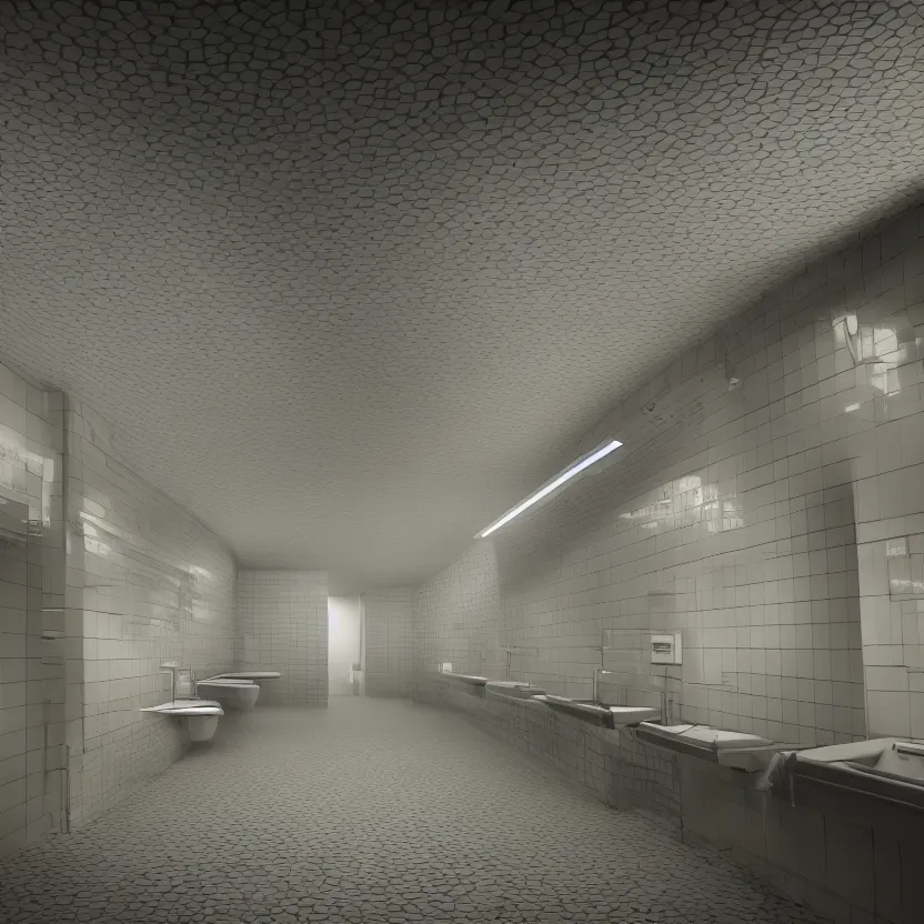 Image similar to an infinite public restroom with endless stalls and endless sinks fading into the distance, cinematic lighting, volumetric lighting, award winning photography, highly detailed, intricate, sharp focus, 4 k wallpaper, unreal engine, 9 0 mm, f / 1. 4