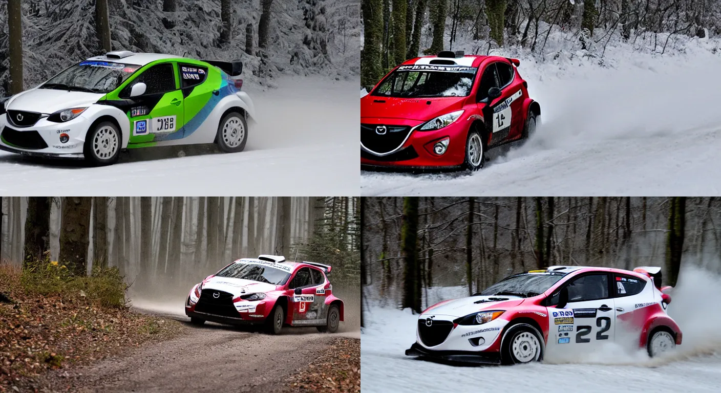 Prompt: a 2 0 1 1 mazda 2, racing through a rally stage in a snowy forest