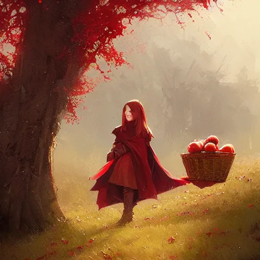 Image similar to a girl with a red cloak holding a basket full of apples, by Jordan Grimmer and greg rutkowski, crisp lines and color,