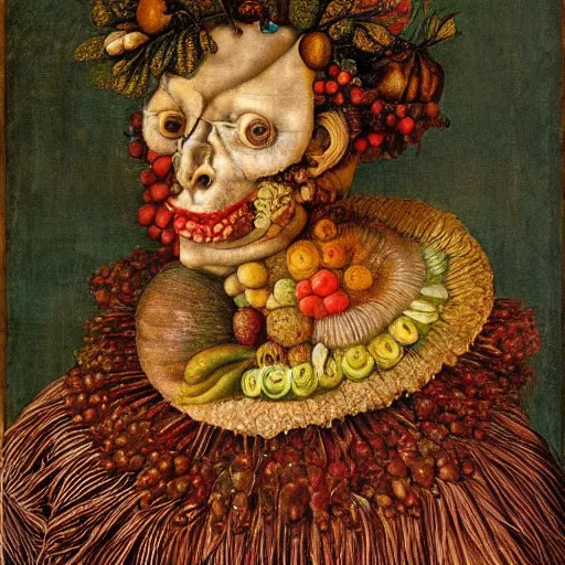 Prompt: portrait of young female made of fruits by Giuseppe Arcimboldo