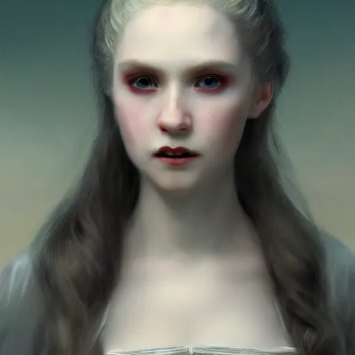 Prompt: portrait of a young vampire princess, head only, realistic eyes, realistic face, headshot, white hair, pale skin, 4k, rule of thirds, extreme detail, intricate illustration, trending artstation, cgsociety, hd, fantasy, realistic lighting, by Albert Bierstadt, Frederic Edwin Church.