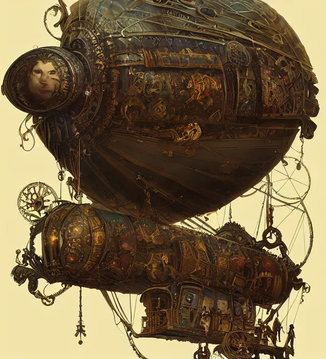 Image similar to a baroque steampunk airship dirigible, intricate, highly detailed, digital painting, artstation, concept art, sharp focus, cinematic lighting, illustration, art by artgerm and greg rutkowski, alphonse mucha, cgsociety
