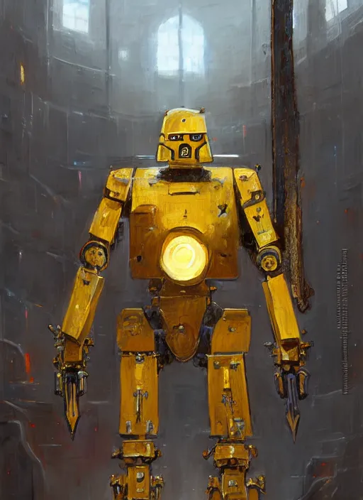 Image similar to human-sized strong intricate yellow pit droid carrying very detailed perfect antique great sword and beautiful large paladin shield, pancake short large head, exposed metal bones, painterly humanoid mecha, slightly far away, by Greg Rutkowski, epic painting