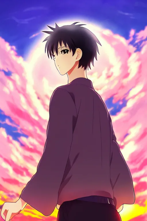 Image similar to anime art full body portrait character concept art, anime key visual of dark haired men standing in front of a sunset with 3 suns, large eyes, finely detailed perfect face delicate features directed gaze, trending on pixiv fanbox, studio ghibli, extremely high quality artwork