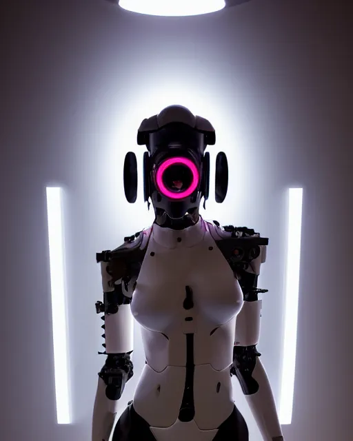 Image similar to centered portrait photo by bouguereau of female dancer as a cyberpunk mecha humanoid robotic parts wearing goggles with led lights, inside white room, ultra - realistic and detailed, 8 k