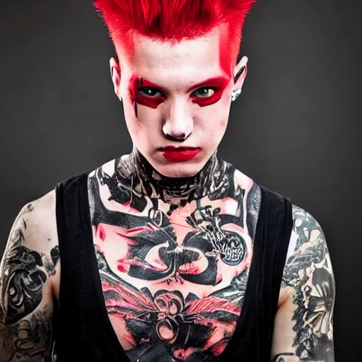 Prompt: young man with a short red dyed mohawk, red eyes and a slim face, dressed in punk clothing, punk style, headshot photo, attractive, handsome, in color,
