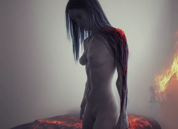 Image similar to rgb, woman, bedroom full of fire, rage, cinematic, movie scene, inspired by zdzislaw beksinski, clothes made out of veins,, cables everywhere, bedroom, ultra realistic, concept art, intricate details, highly detailed, photorealistic, octane render, 8 k