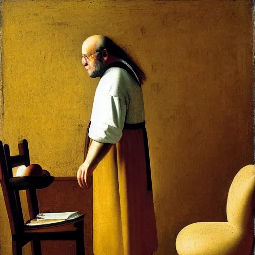 Image similar to danny devito standing next to a chair shaped like an egg, renaissance painting by vermeer