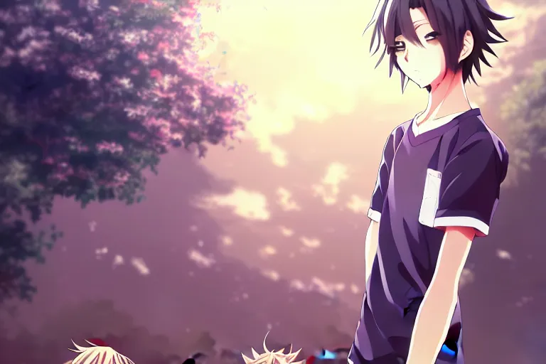 Image similar to boy's love anime high school scene spring setting, high detail concept art, perfect proportions good looking, realistic shaded lighting poster loish, katsuhiro, makoto shinkai and clamp style, trending on art station, best selling artist pixiv