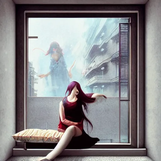 Prompt: window, eye, women, buildings, surprise, scared, couch by wlop, artgerm, greg rutkowski