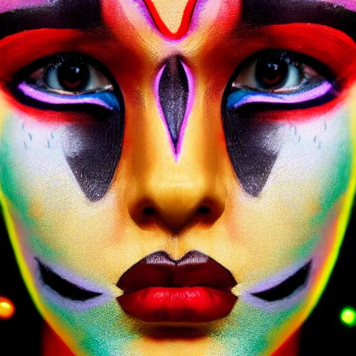 Prompt: a beautiful female indigenous warrior with futuristic face paint, neon ornamental markings, photorealistic, cinematic lighting, high resolution 4 k