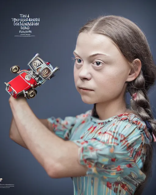 Image similar to closeup face profile portrait of greta thunberg as a tin toy 1 9 5 0 s prom queen, bikini, depth of field, zeiss lens, detailed and intricate environment, fashion photoshoot by nicoletta ceccoli, mark ryden, lostfish, breathtaking, 8 k resolution, artistic, hyperrealistic, octane render