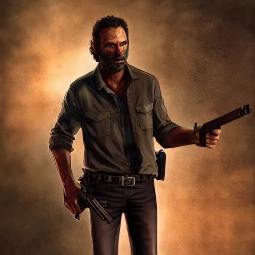 Image similar to rick grimes long shot, zombies, sharp focus, digital art, Hyper-realistic, 4K, Unreal Engine, Highly Detailed, HD, Dramatic Lighting by Brom, trending on Artstation