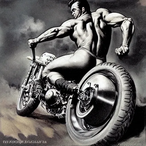 Image similar to into glory ride, artwork by Frank Frazetta, motorcycle, muscular man