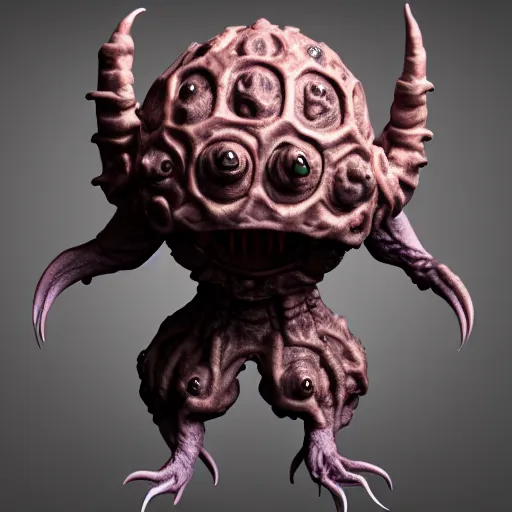 Image similar to of 3 d render, realistic, skin details, an evil beholder creature from d & d