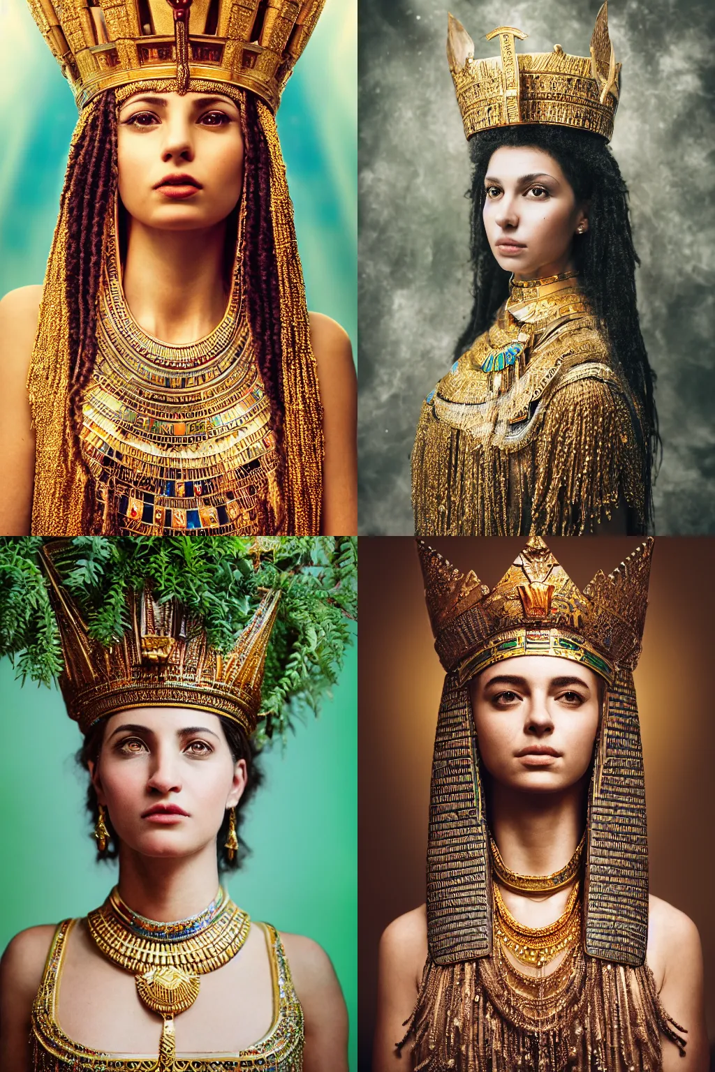 Prompt: Hyper realistic and detailed portrait photography of a Egyptian queen with adorned crown and fractal plants all around. detailed. depth of field. Rembrandt light. moody. lens flare. kodak portra.