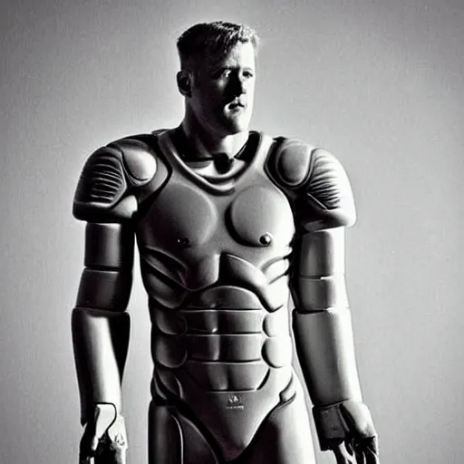 Image similar to “a realistic detailed photo of a guy who is an attractive humanoid who is half robot and half humanoid, who is a male android, football player JJ Watt, shiny skin, posing like a statue, blank stare”