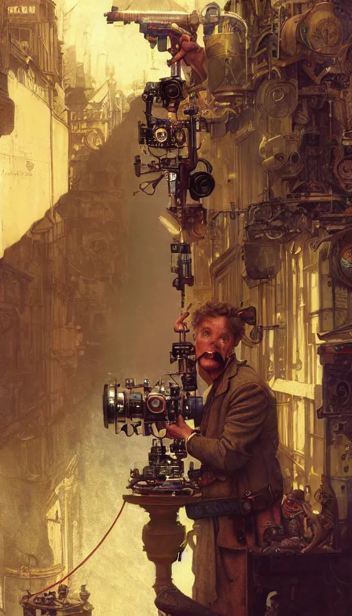 Image similar to hyper realistic photographer looking through camera towards viewer, magical, steampunk, painted by james gurney, norman rockwell, tom bagshaw, mucha, gaston bussiere, craig mullins, j. c. leyendecker 8 k