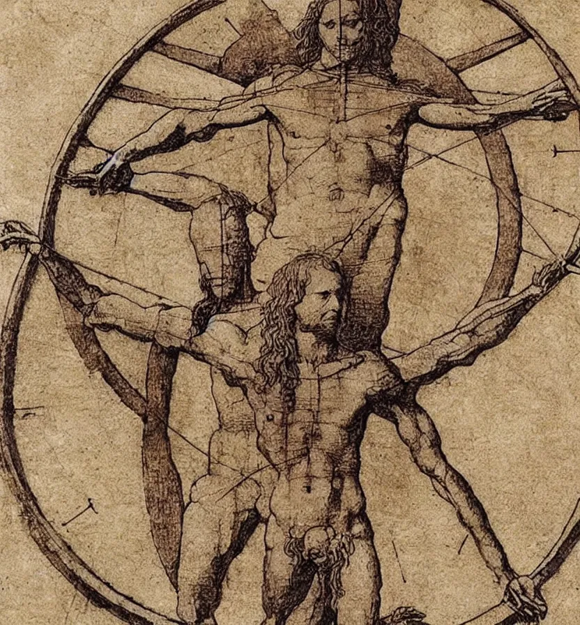 Image similar to Leonardo da Vinci\'s Vitruvian Man crucified on a cross