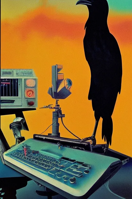 Image similar to a raven standing amongst 8 0 s era technology, vintage shapes, retro technology, dreamy color, wayne barlow, oil on canvas, deep depth of field, masterpiece, cinematic composition, hyperdetailed