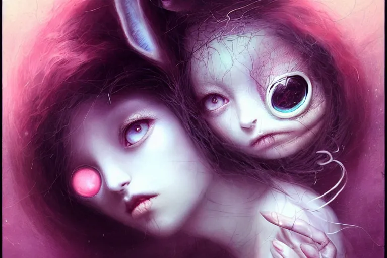 Image similar to Keeping you sane, And you fade away just enough, You felt the edge again, You took two pills And you fell asleep, Hugging six rabbits And having pink nightmares, concept art, trade on artstation, sharp focus, psychedelic, by Yoshitaka Amano, Mark Ryden, Peter Mohrbacher, Gloom, fantasy art, masterpiece, Hyperrealism. Subsurface scattering. Octane Render. Weirdcore