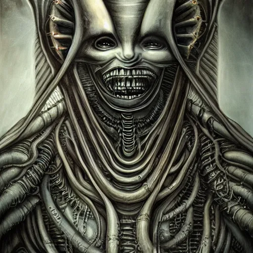 Prompt: Giger portrait of queen dragon, HD, soft shading, hyperdetailed, wide angle lens, fantasy, futuristic horror, style of giger