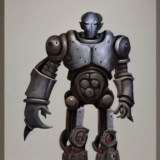 Prompt: tall bulky warforged made from stone that looks like karn from magic the gathering, dungeons and dragons, fantasy, full body portrait, detailed, oil painting,