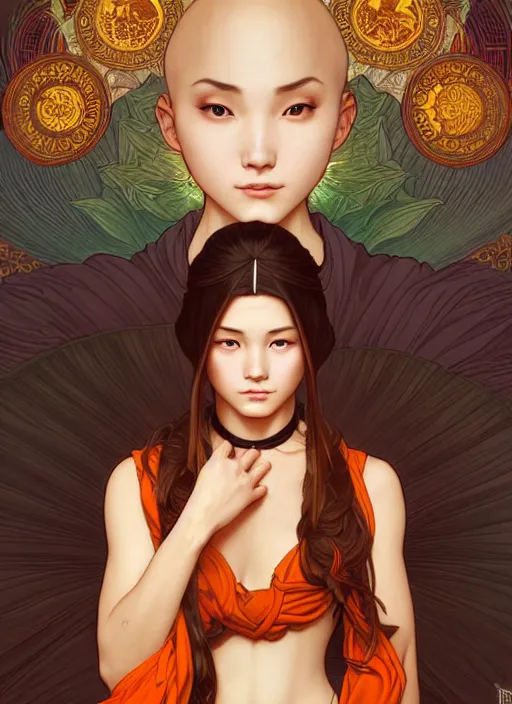 Prompt: A beautiful female monk, highly detailed, digital painting, smooth, sharp focus, tarot illustration, art by artgerm and alphonse mucha, high definition digital art, in the style of Ross tran and ilya kuvshinov