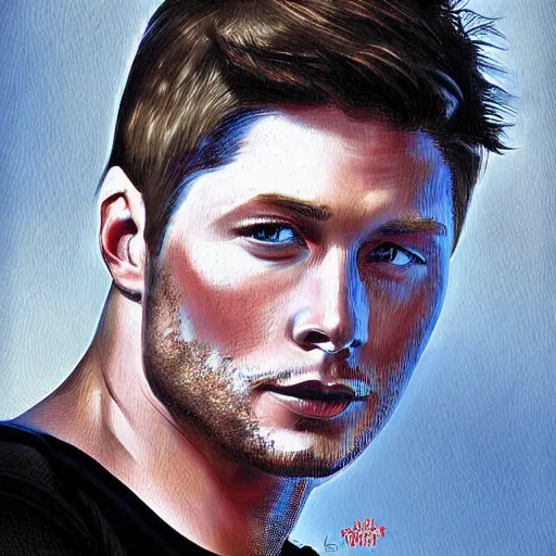 Image similar to Stunning portrait of handsome Jensen Ackles as an angel, in the style of norman rockwell, digital art