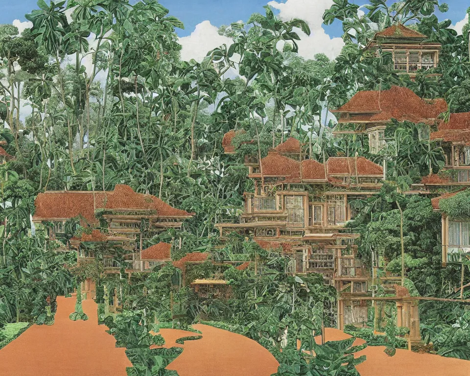 Prompt: repeating colonial mansions, overgrown with tropical foligage, by Salvador Dali and Hasui Kawase.