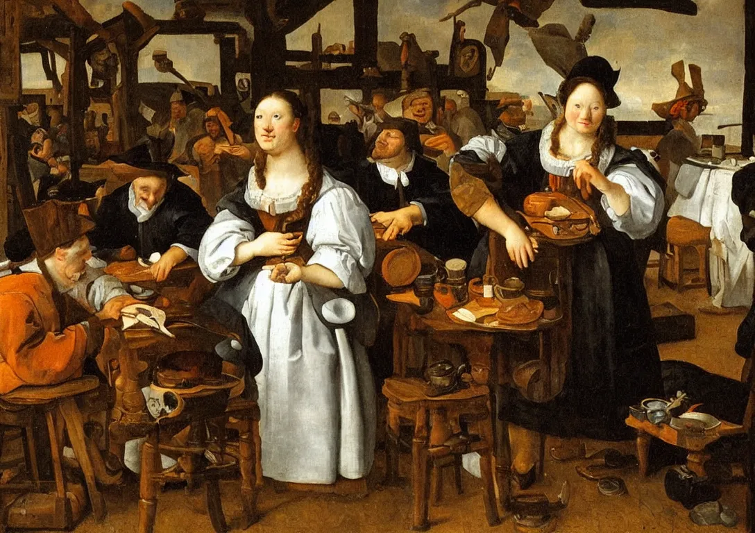 Prompt: Jan Steen. One Beautiful woman looking at us. Goose. Netherlands tavern. Ultra detailed.