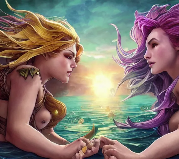 Prompt: two mermaids share a victorious fistbump, crepuscular rays behind fistbump, whimsical, dungeons and dragons, league of legends splash art, heroes of the storm splash art, hearthstone splash art, world of warcraft splash art, overwatch splash art, art by artgerm, art by alphonse mucha, intricately detailed, highly detailed, trending on artstation,