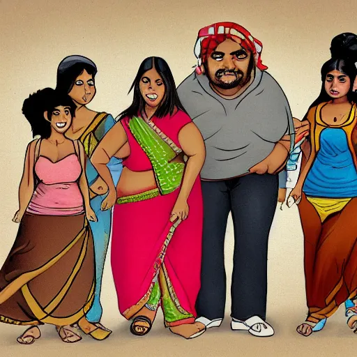 Image similar to cartoon of a short brown indian man migit walking with a young asian woman, a thick white blonde teenage girl, and a thick juicy spanish teenage girl, and a black bodacious babe in a small town in india all wearing clothes