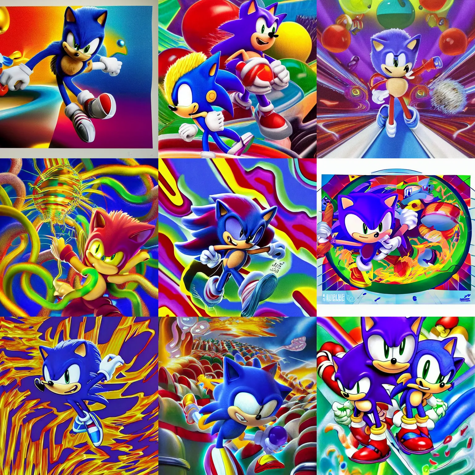 Prompt: sonic hedgehog surreal, sharp, detailed professional, soft pastels, high quality airbrush art album cover of a liquid bubbles airbrush art lsd taffy dmt sonic the hedgehog dashing through cotton candy, purple gummy worms checkerboard background, 1 9 9 0 s 1 9 9 2 sega genesis rareware video game album cover