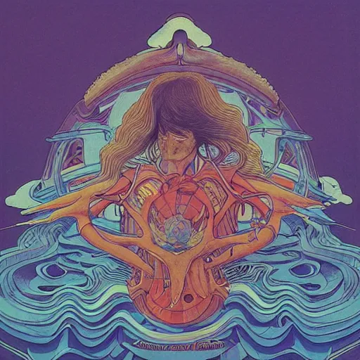 Image similar to lp cover of a 7 0's progressive rock album by james jean and moebius