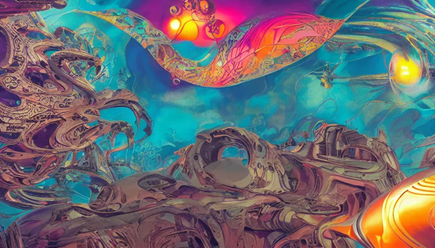 Prompt: colourful richard pryor, afrofuturist biomorphic opart flowing scifi background, octane render 8 k, pascal blanche, josh kirby, roger dean, james jean, giger, arthur rackham, moebius, syd mead, killian eng beksinski, greg hildebrandt, scifi, 8 k,